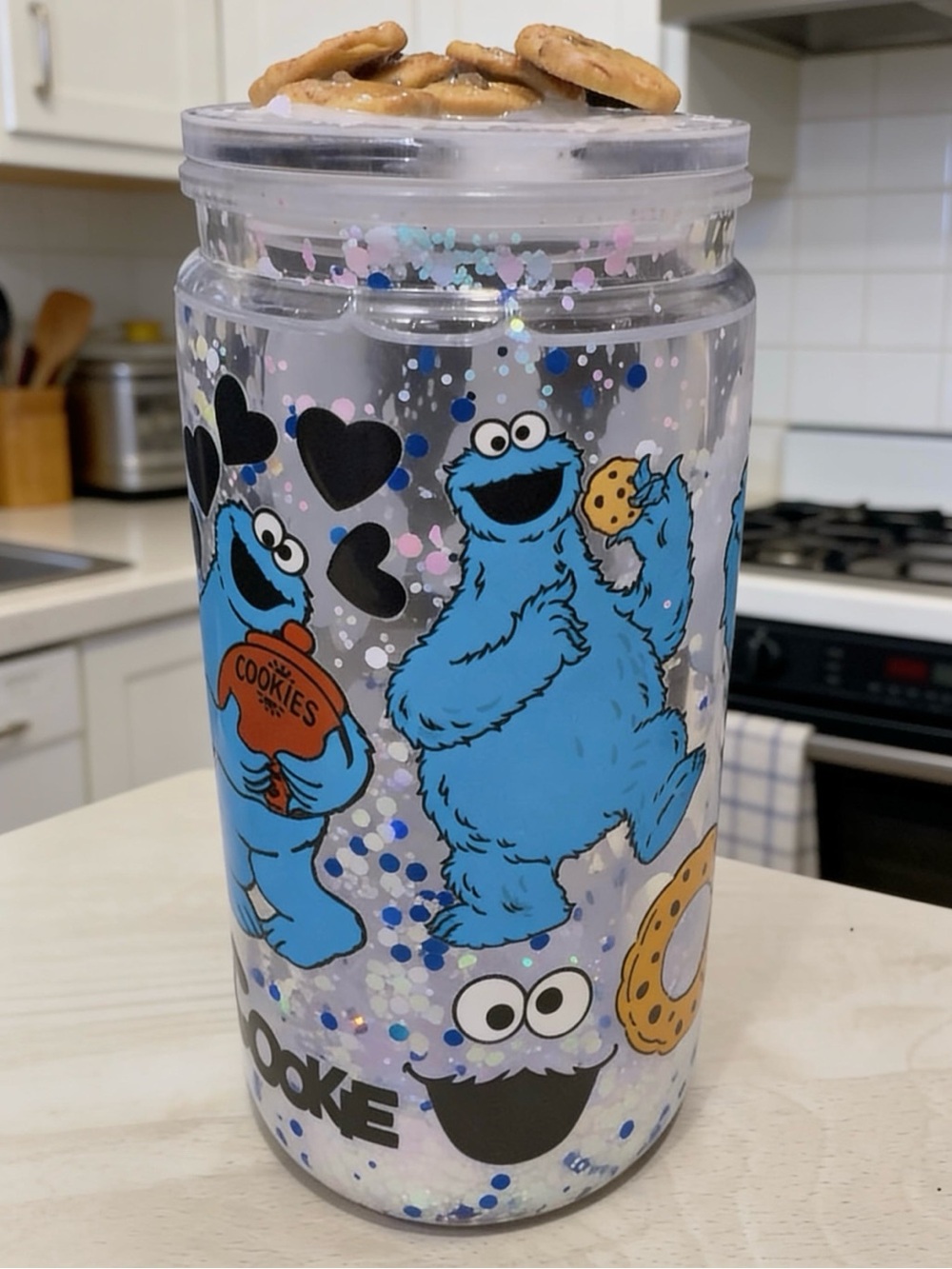 Cookie Monster Glitter Tumbler - Clear with Blue Character